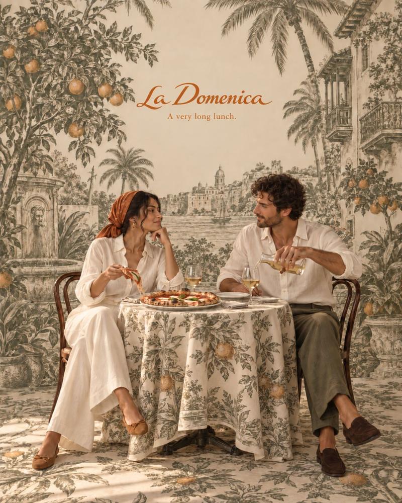 Pareja almorzando pizza frente a un mural toile: A very long lunch