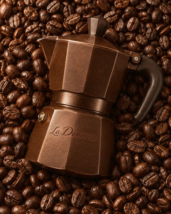 Cafetera moka entre granos de café