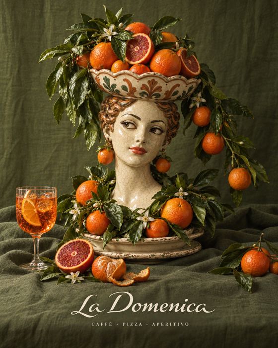 Cabeza de cerámica coronada de naranjas