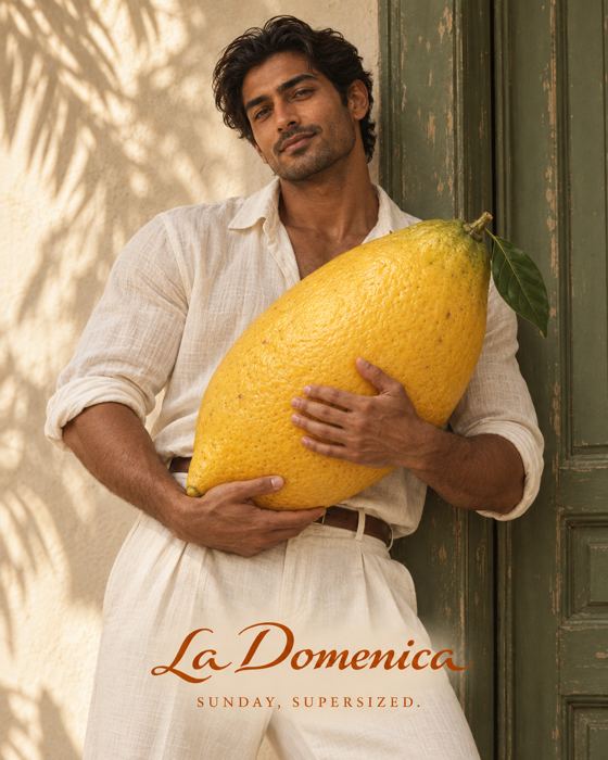 Hombre cargando un limón gigante