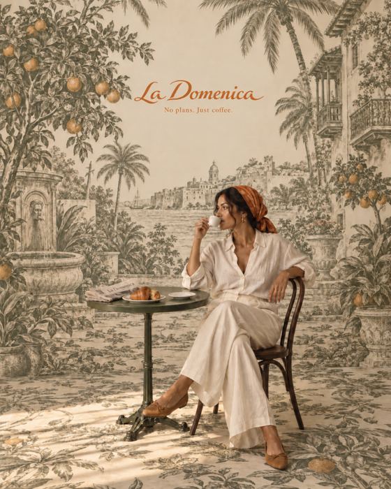 Mujer con un café frente a un toile