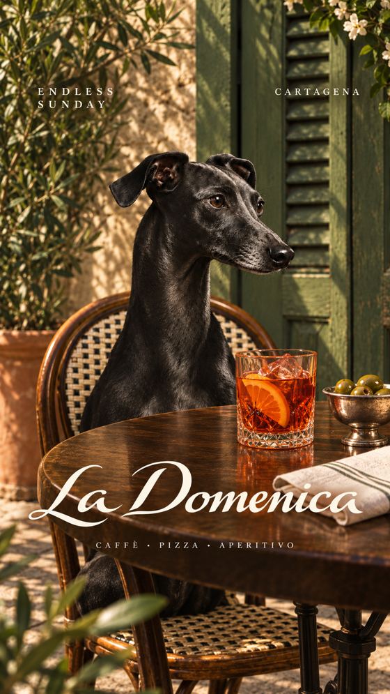 Galgo sentado a la mesa con un spritz