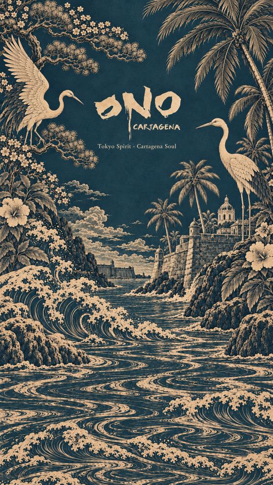 Grabado azul con garzas y olas