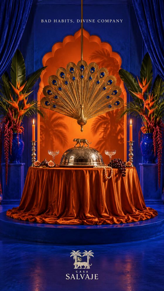 Pavo real sobre un altar naranja bajo un arco azul