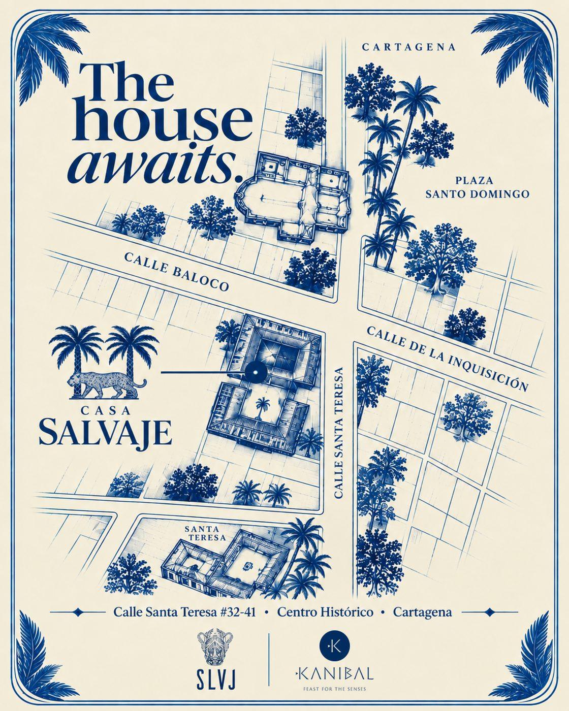 Mapa ilustrado en azul: Casa Salvaje entre Calle Baloco y Calle Santa Teresa, cerca de la Plaza Santo Domingo